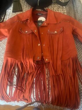 Orange Faux Suede Fringe Jacket - Women's